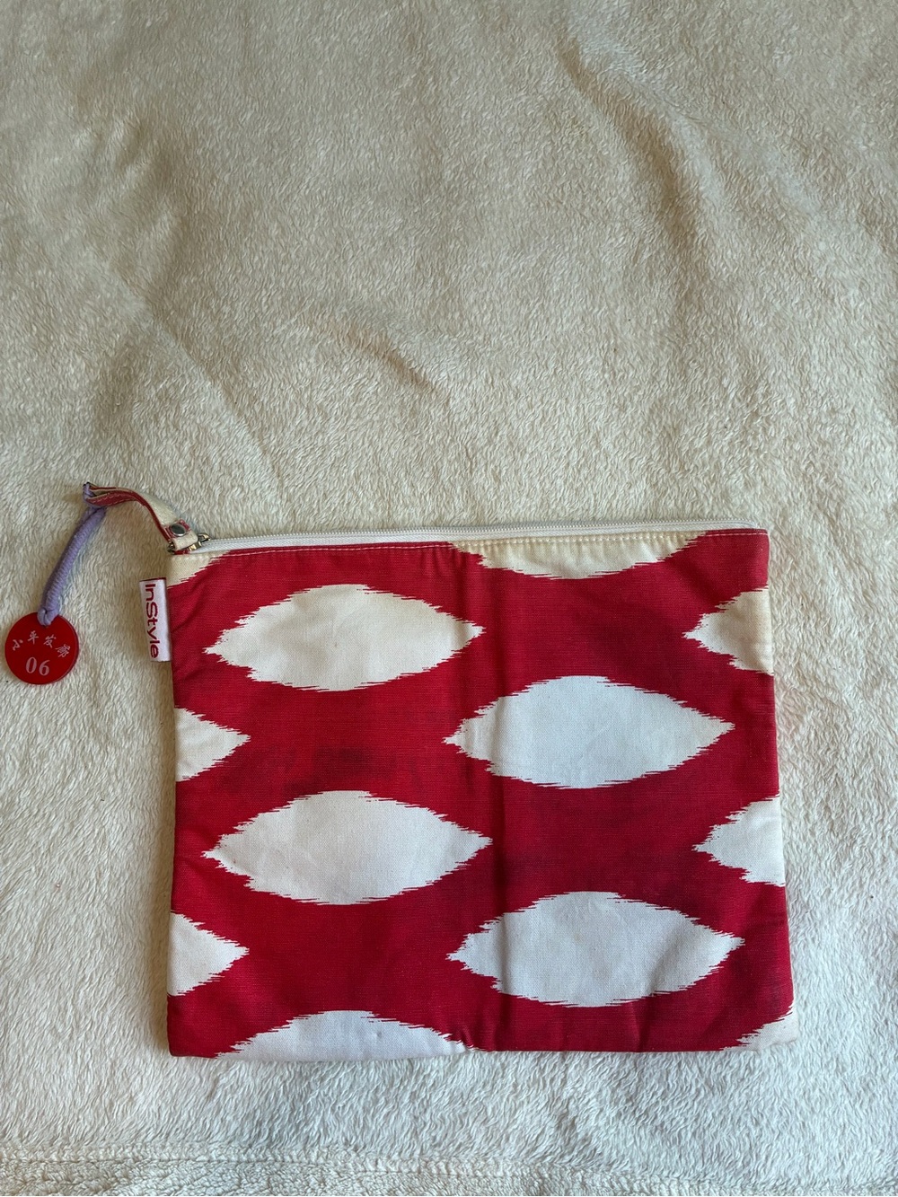 Red and White Ikat Canvas Zip Cosmetic Pouch
